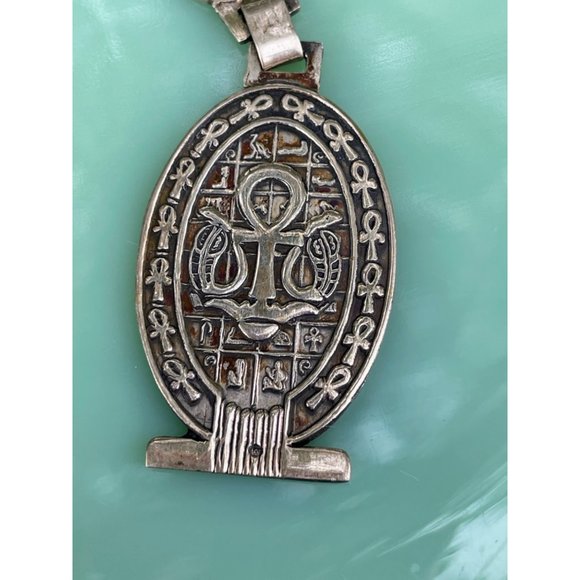 Vintage Sterling Silver Egyptian Key Chain FOB Ankh Cross Hieroglyphics 21 grams - Picture 9 of 15